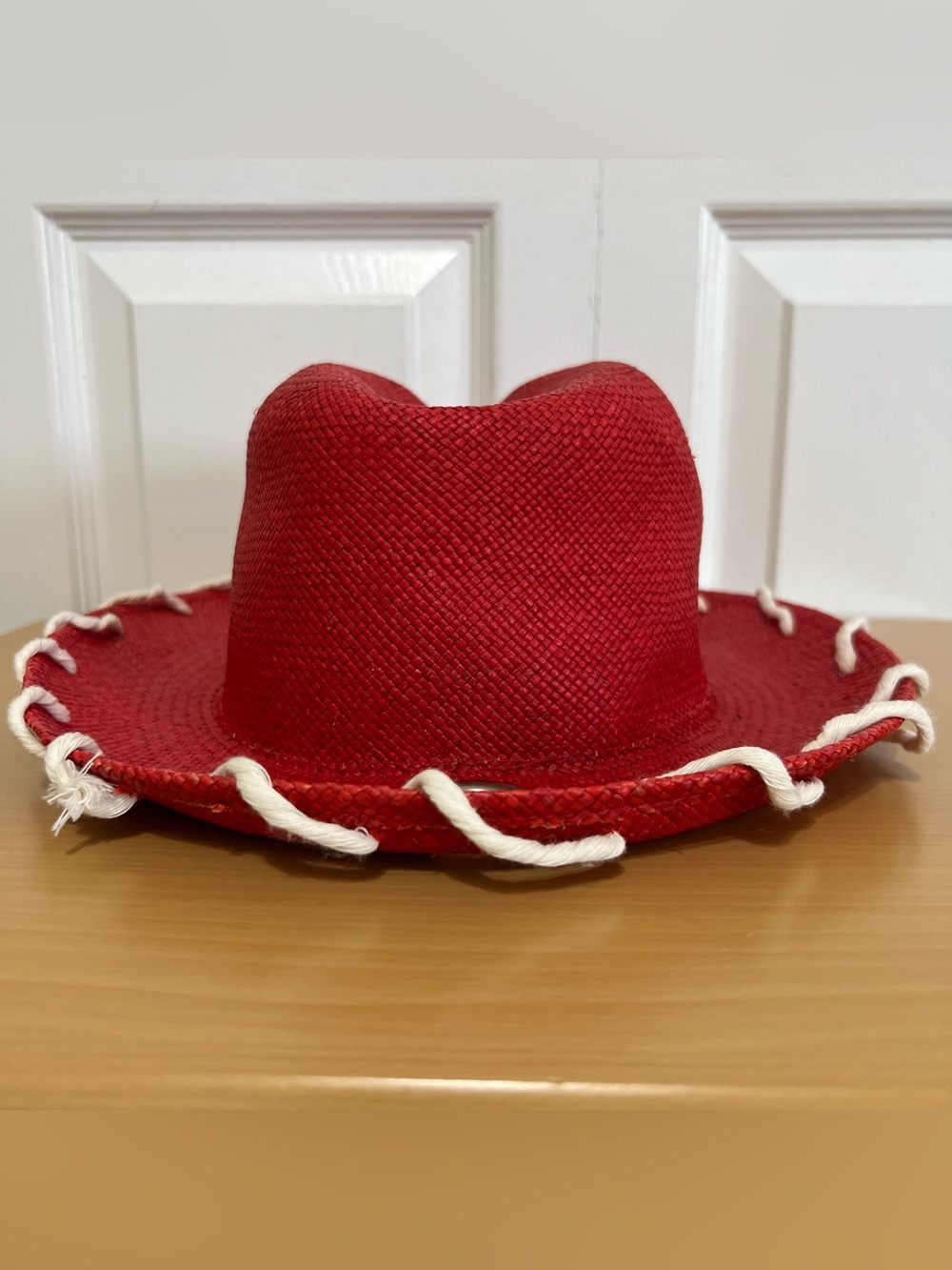 FIESTA Arizona Red Straw Western Cowboy Hat White Rope Stitch Detail Medium
